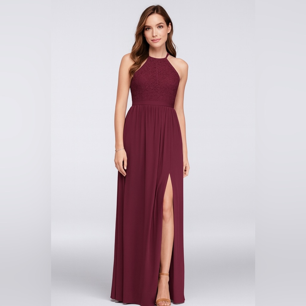David’s Bridal Lace Halter Top Formal Floor Length Maxi Dress with Belt - Picture 8 of 8